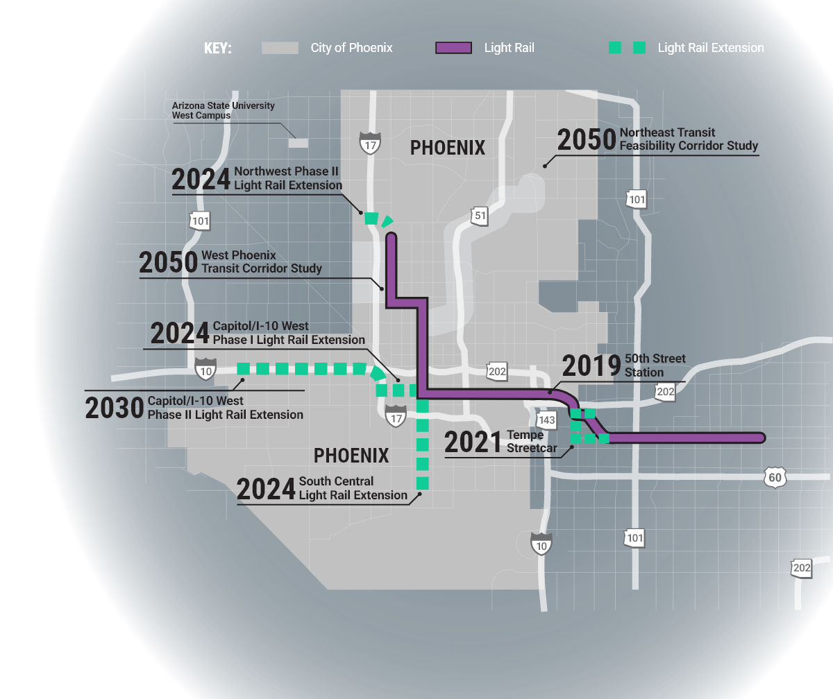 Map displaying light rail extension plans through 2050